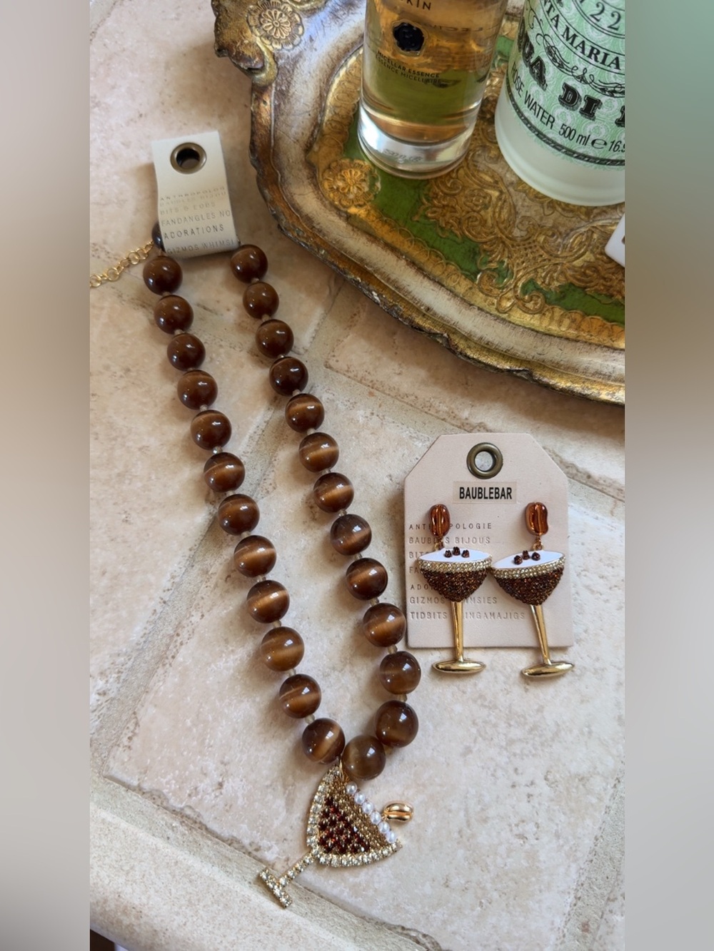 BaubleBar espresso martini Brown Beaded 14kt plated Necklace,Cocktail Earrings